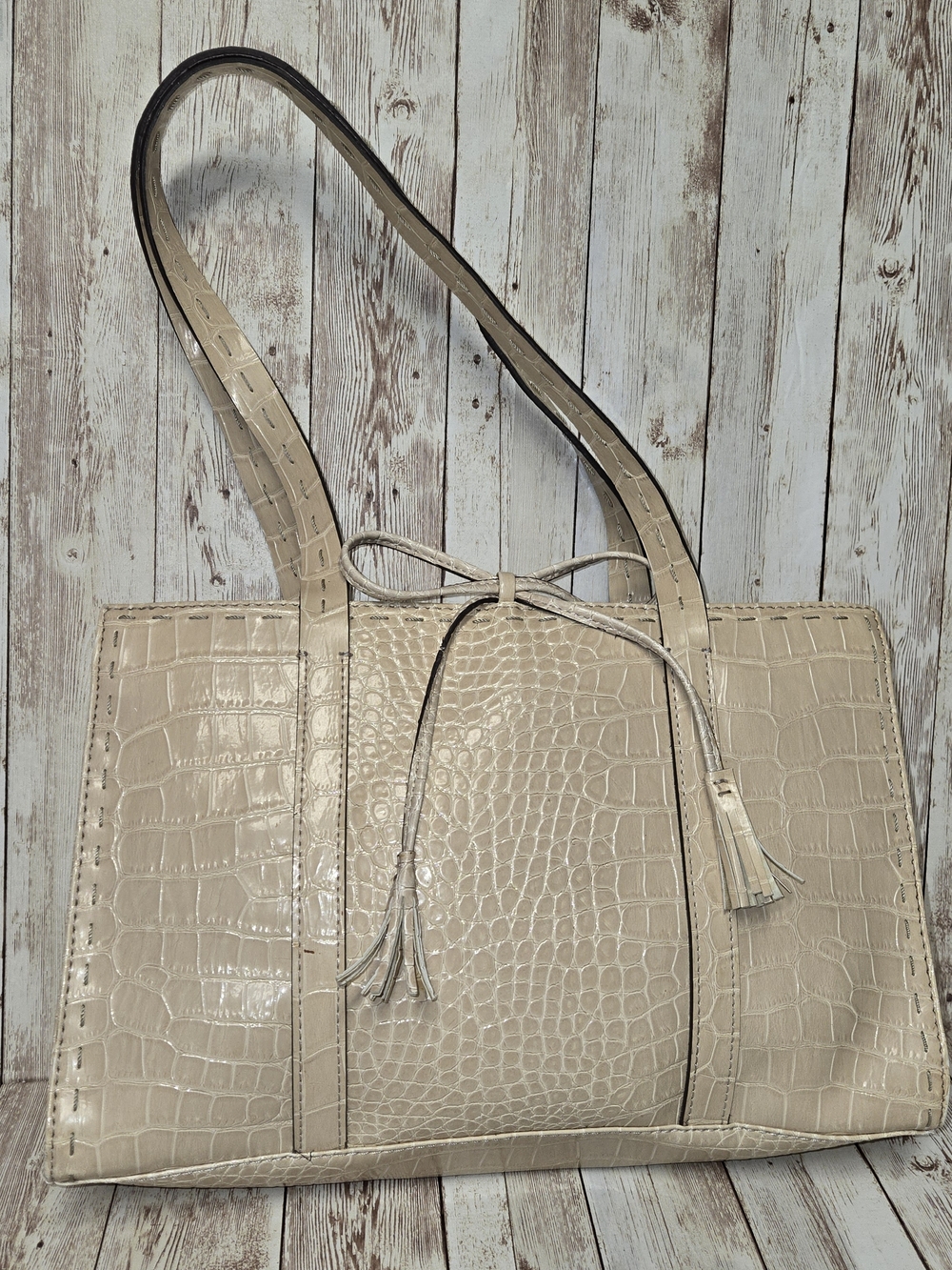 Liz Claiborne Croc Embossed Tote Beige Shoulder Bag Colorful Interior